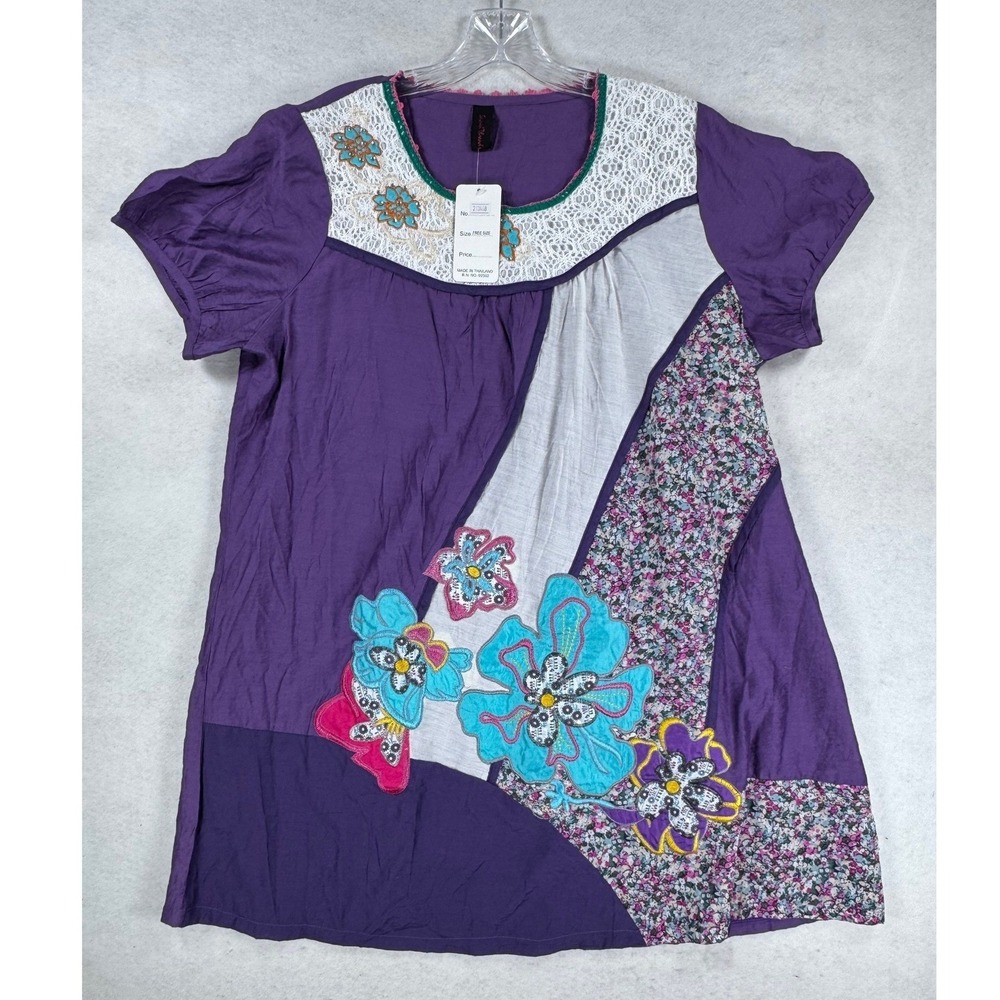 Sacred Threads Purple Boho Patchwork Floral Embroidered Lace Tunic Top FREE SIZE